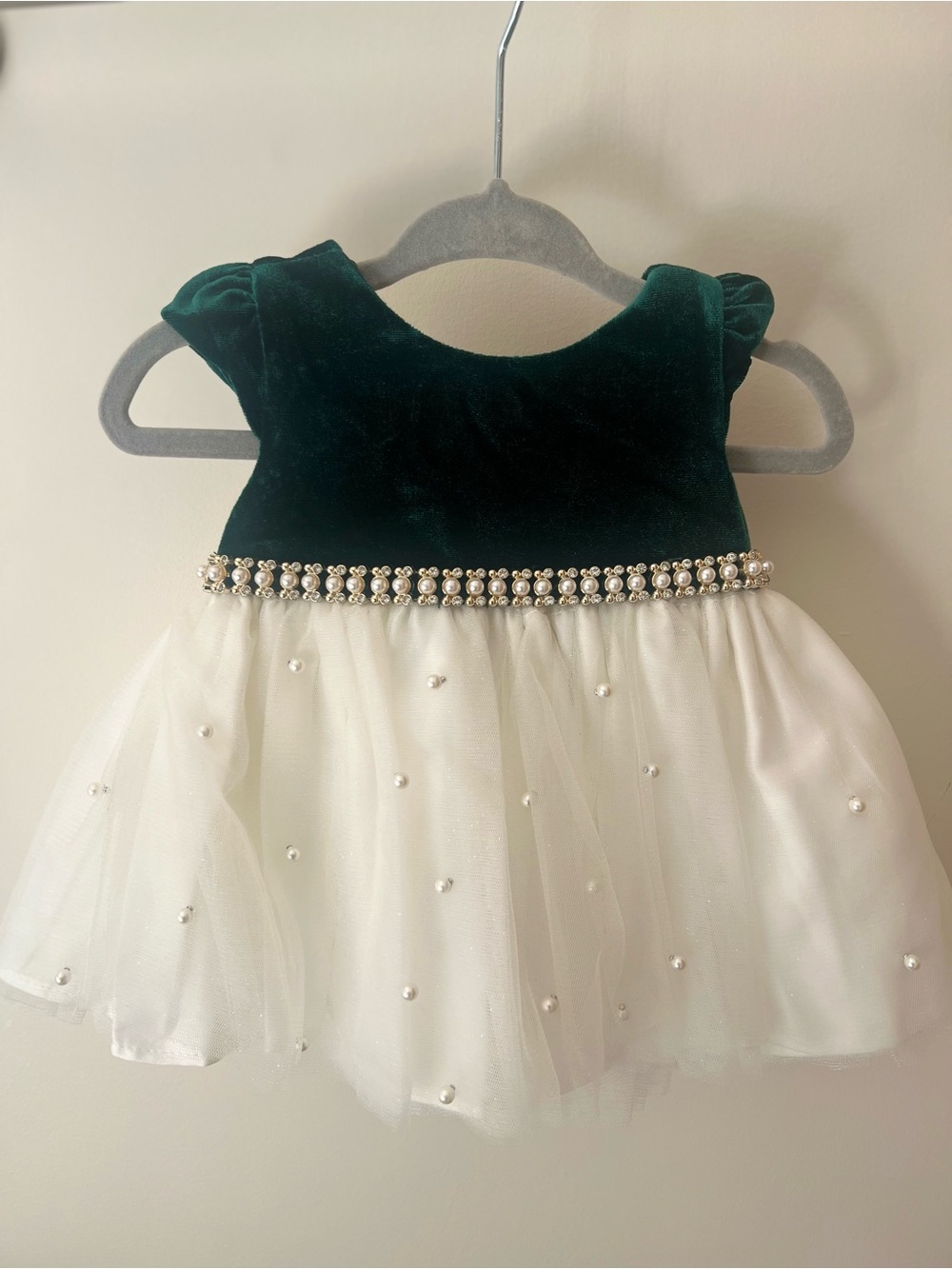 American Princess Emerald Green Velvet and White Tulle Pearl-Trim Dress